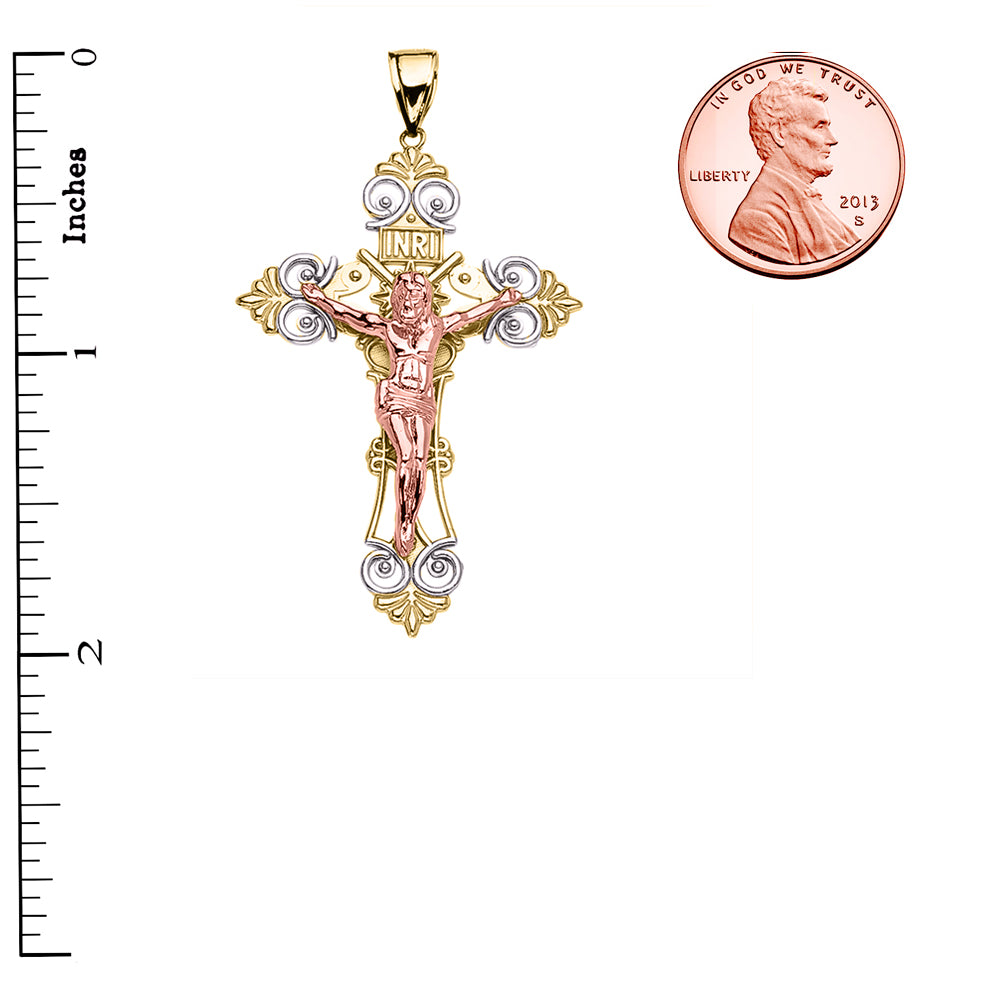 Tri-Color Yellow Gold INRI Crucifix Pendant Necklace (Medium), view 3