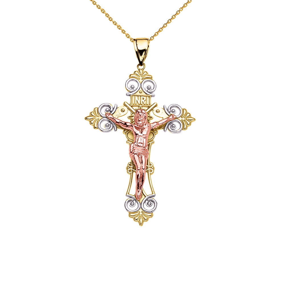 Tri-Color Yellow Gold INRI Crucifix Pendant Necklace (Small)