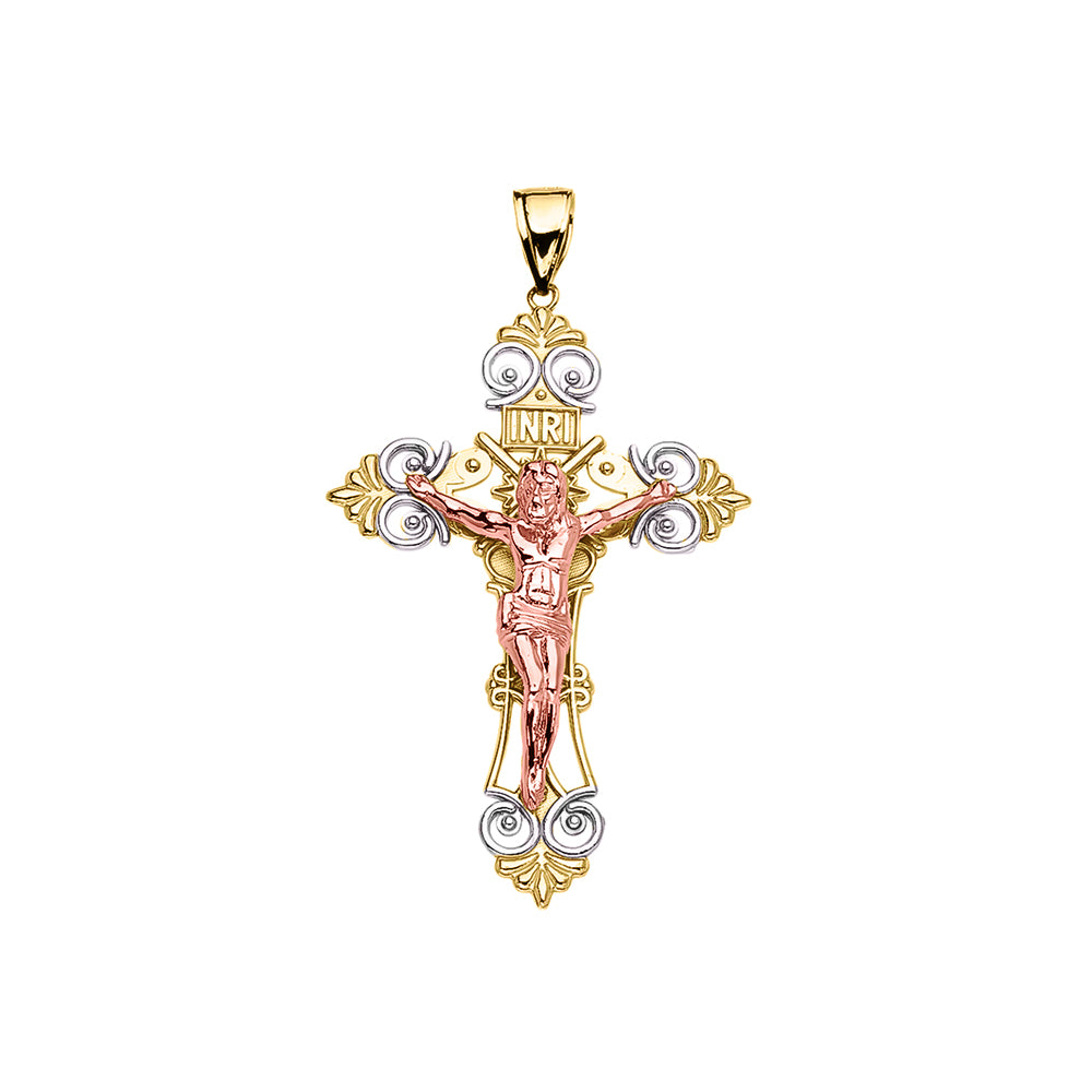 Tri-Color Yellow Gold INRI Crucifix Pendant Necklace (Small), view 2