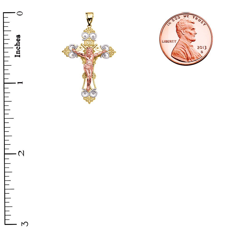 Tri-Color Yellow Gold INRI Crucifix Pendant Necklace (Small), view 3