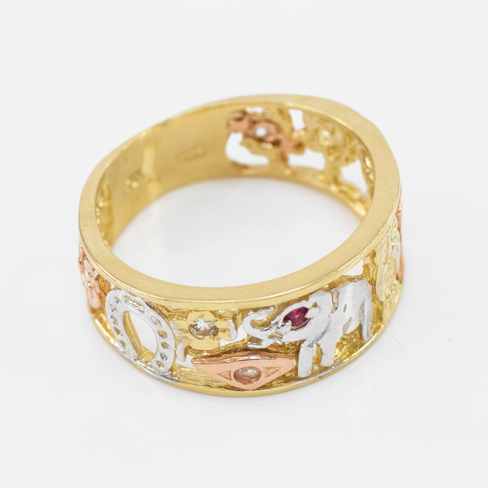 Tri-tone Gold Red CZ Lucky Ring, view 2