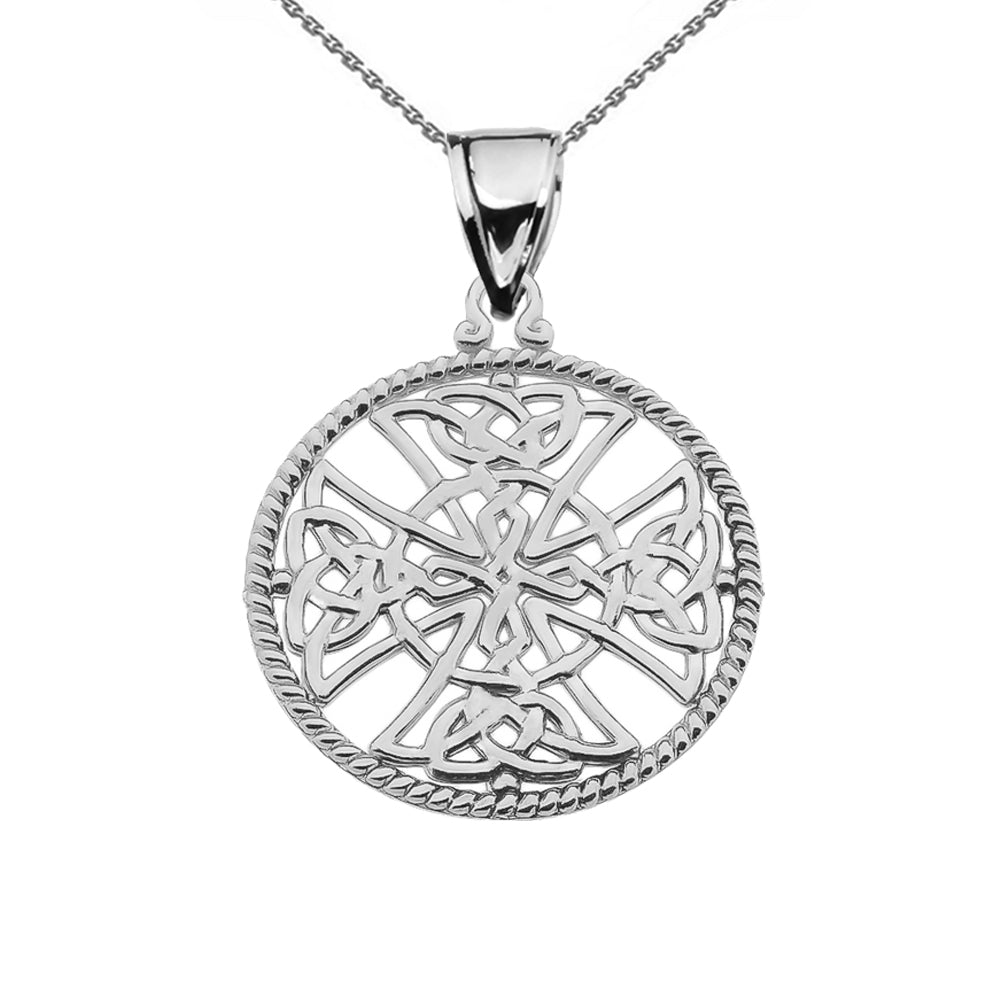 Trinity Knot Celtic Cross In A Round Rope Frame Pendant Necklace