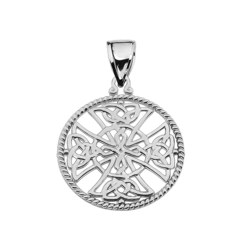 Trinity Knot Celtic Cross In A Round Rope Frame Pendant Necklace, view 2