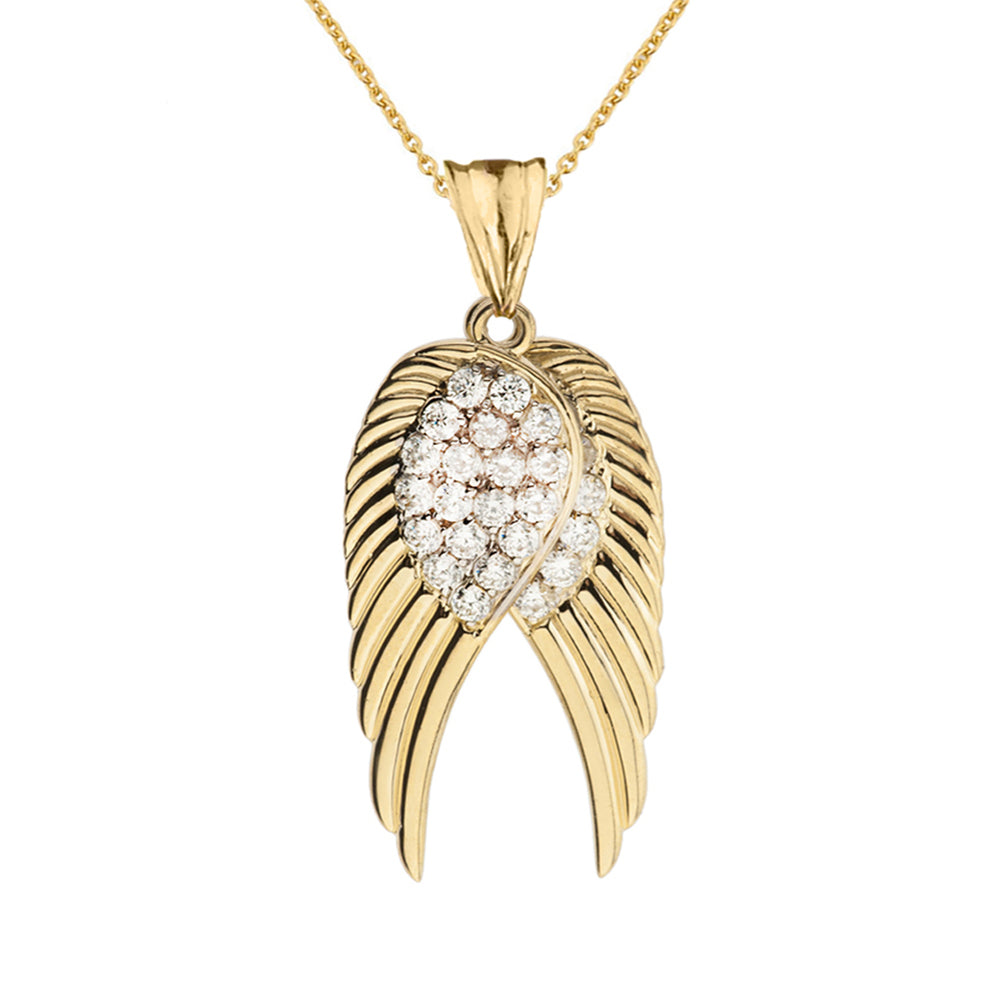 Two Elegant Gold Cubic Zirconia Angel Wings Pendant Necklace