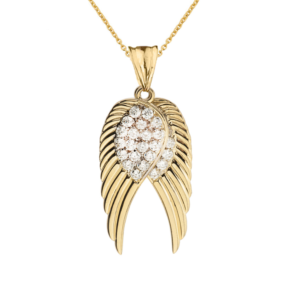 Two Elegant Gold Cubic Zirconia Angel Wings Pendant Necklace