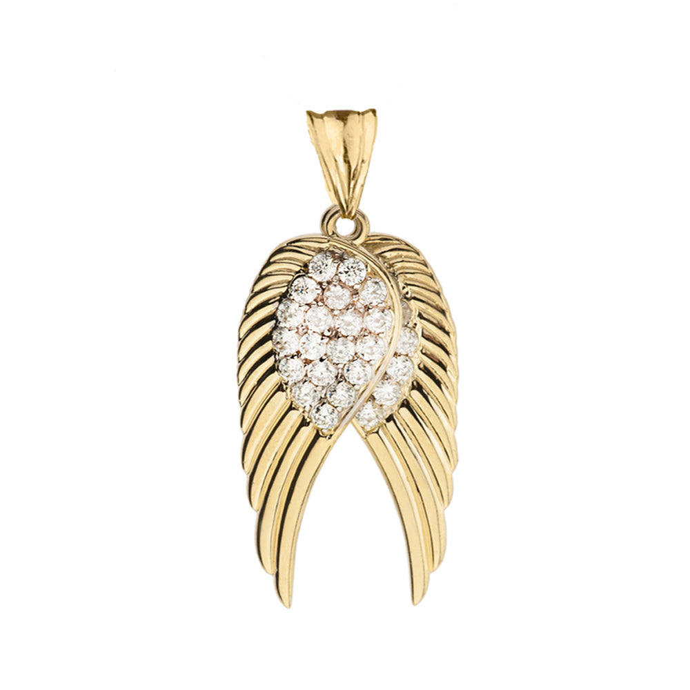 Two Elegant Gold Diamond Angel Wings Pendant Necklace