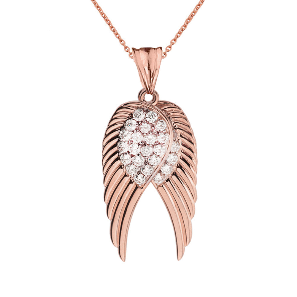 Two Elegant Gold Diamond Angel Wings Pendant Necklace, view 5