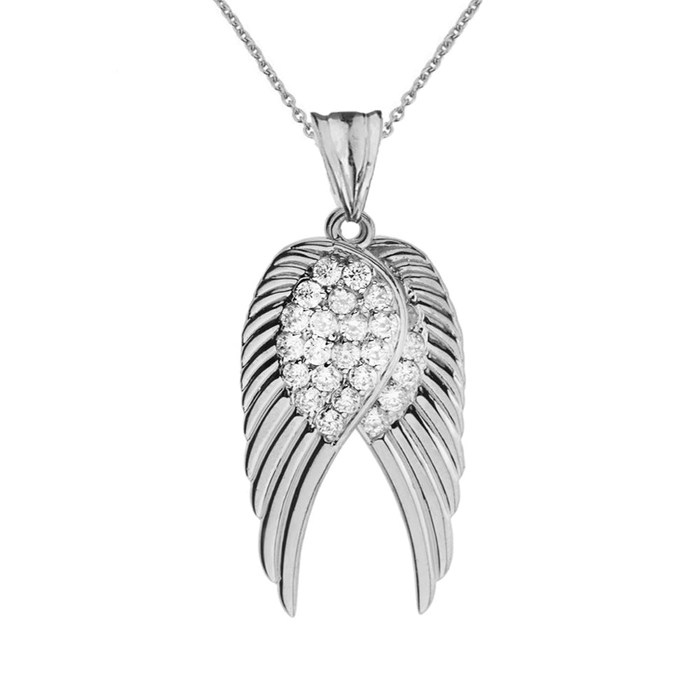 Two Elegant Sterling Silver CZ Angel Wings Pendant Necklace