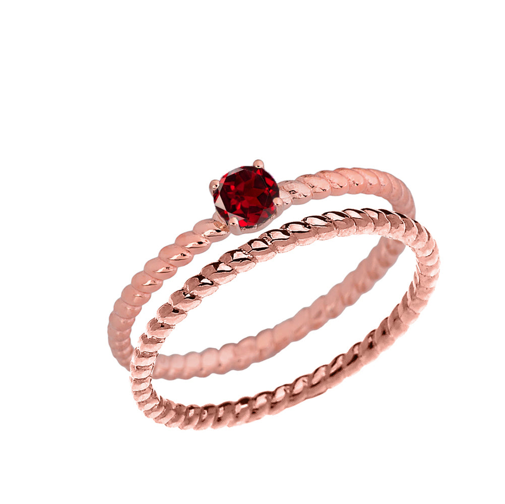 Two Piece Stackable Rope Ring with Genuine Garnet in Rose Gold