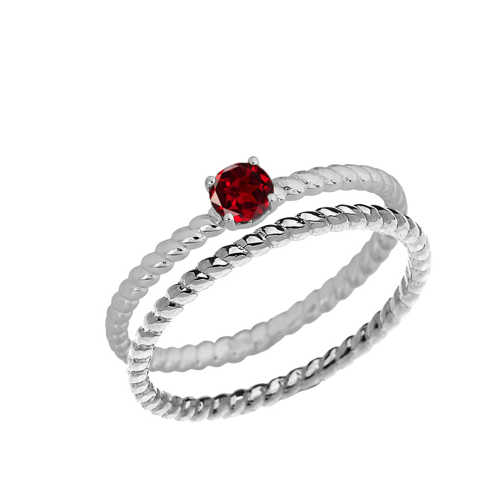 Two Piece Stackable Rope Ring with Genuine Garnet in White Gold