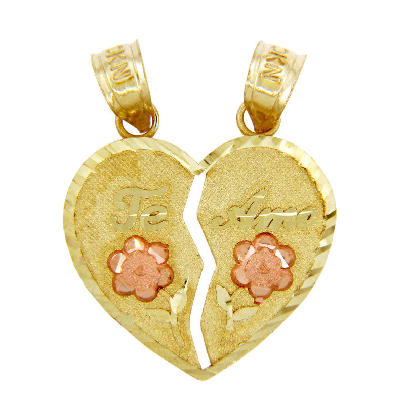 Two-tone Breakable Gold Te Amo Heart Pendant with Flowers