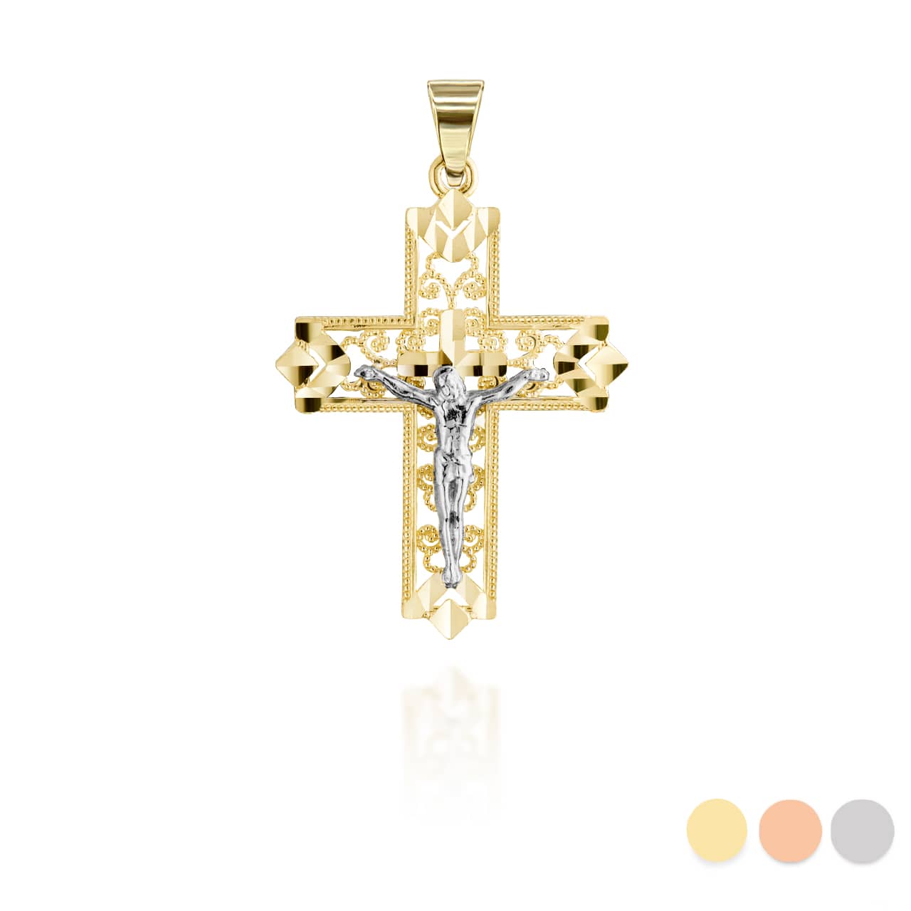 Two-Tone Diamond Cut Crucifix Pendant Necklace