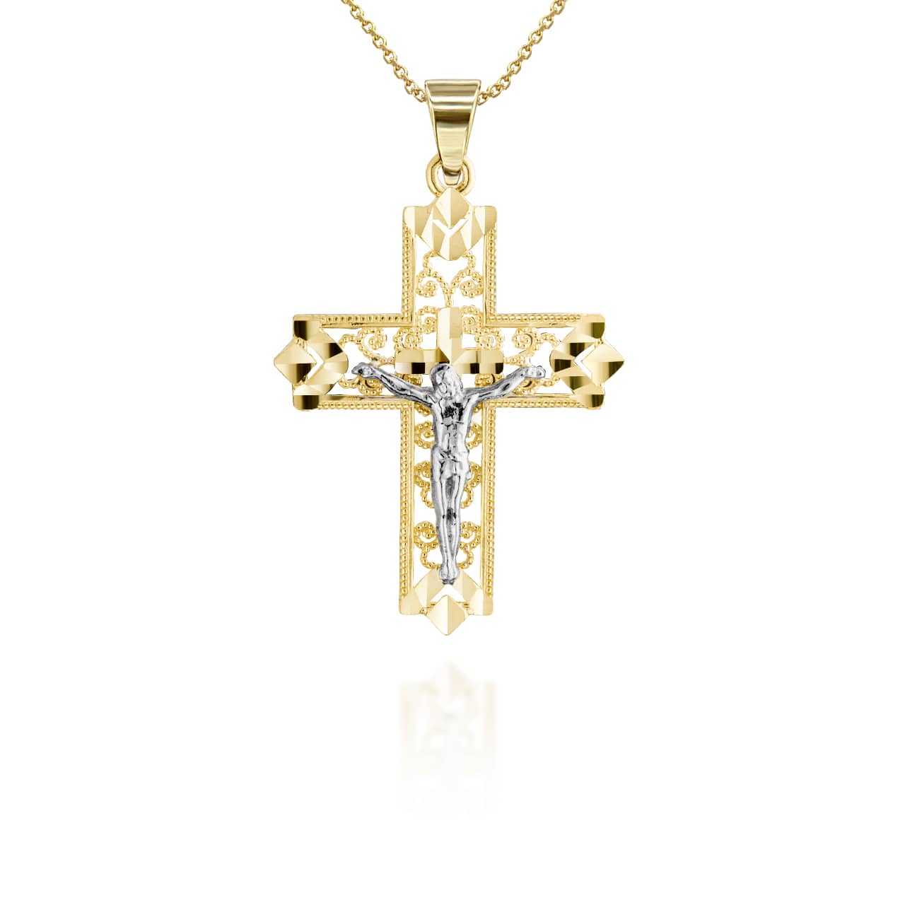 Two-Tone Diamond Cut Crucifix Pendant Necklace, view 3