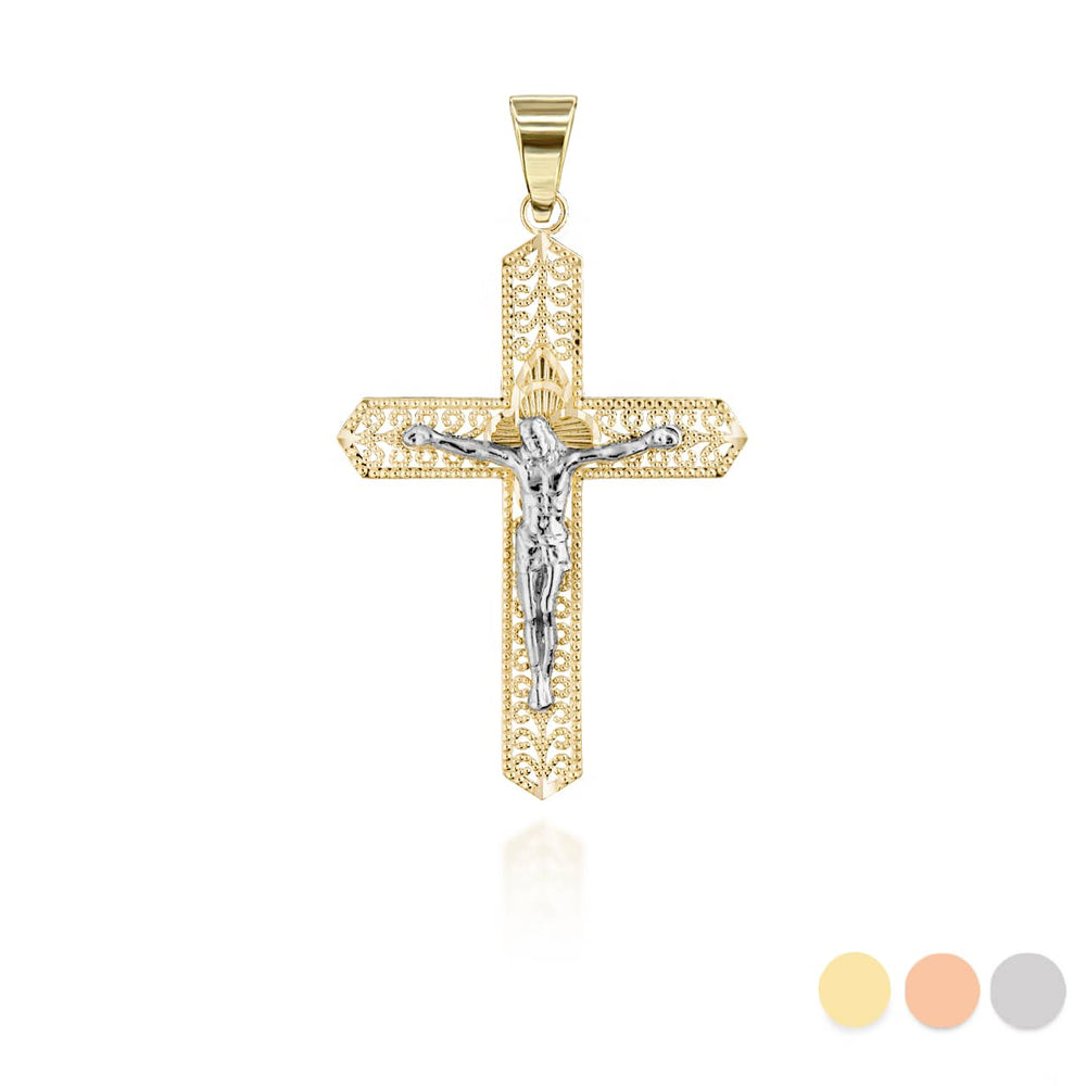 Two-Tone Filigree Crucifix Pendant Necklace