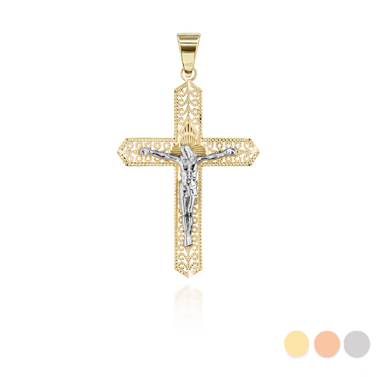 Two-Tone Filigree Crucifix Pendant Necklace