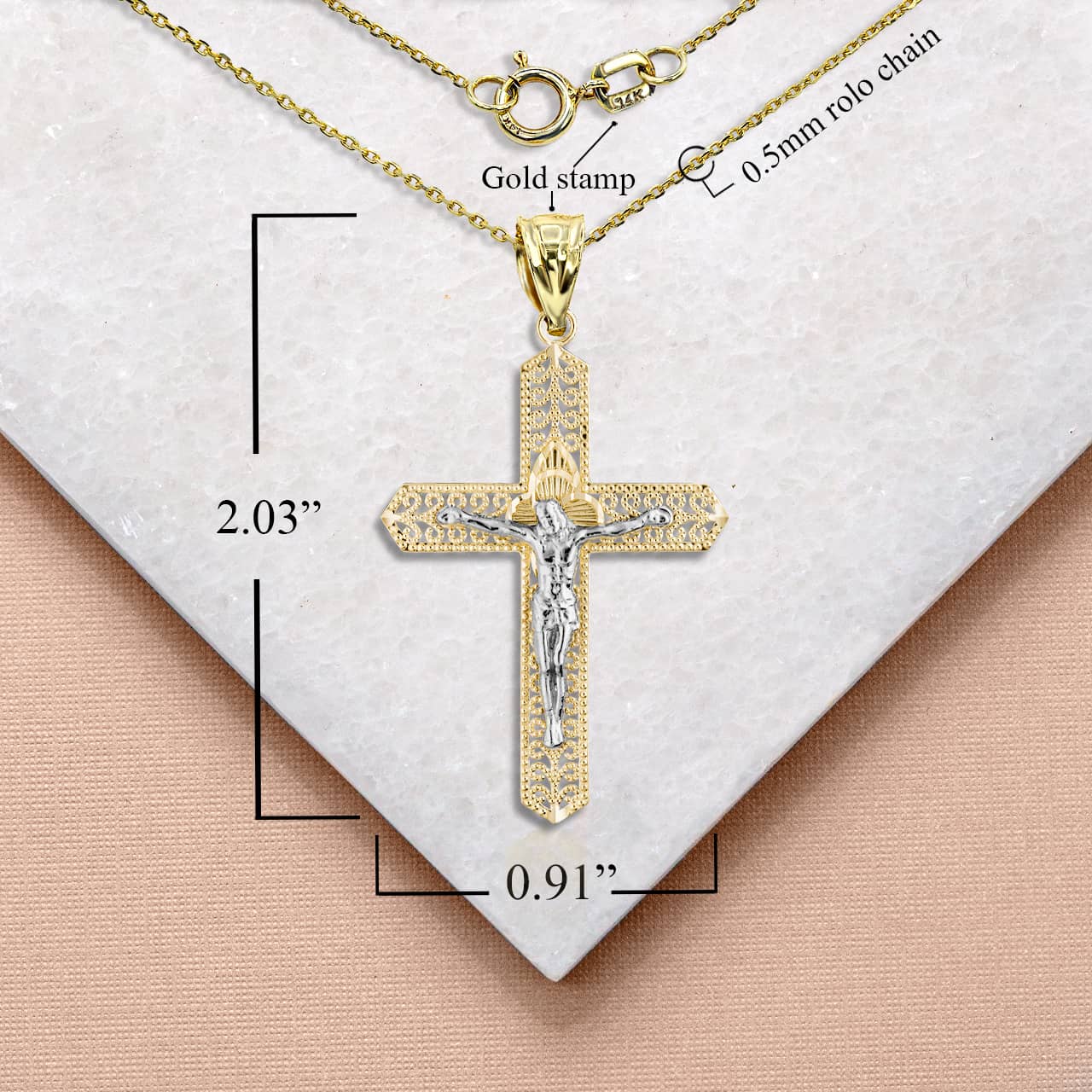 Two-Tone Filigree Crucifix Pendant Necklace, view 3