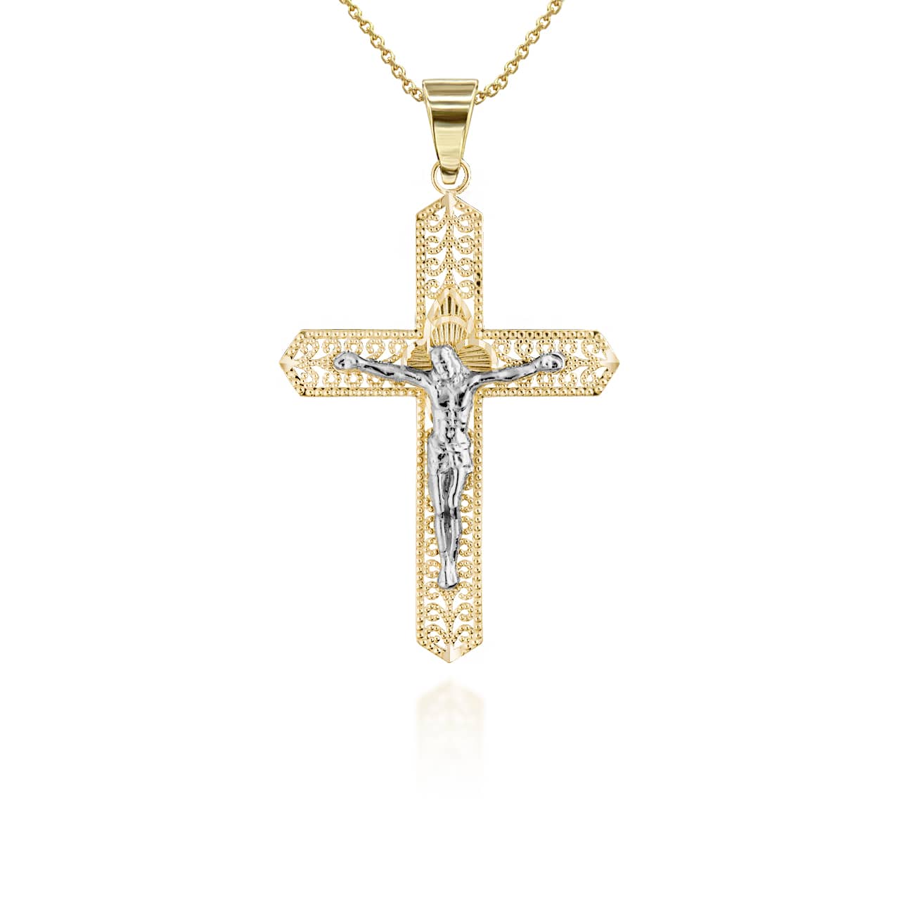 Two-Tone Filigree Crucifix Pendant Necklace, view 4