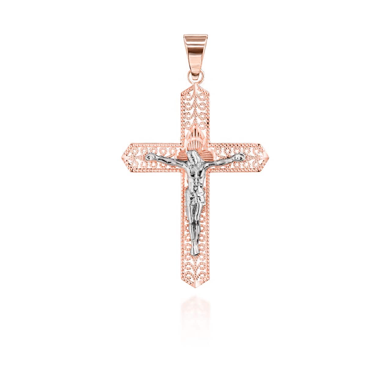 Two-Tone Filigree Crucifix Pendant Necklace, view 5