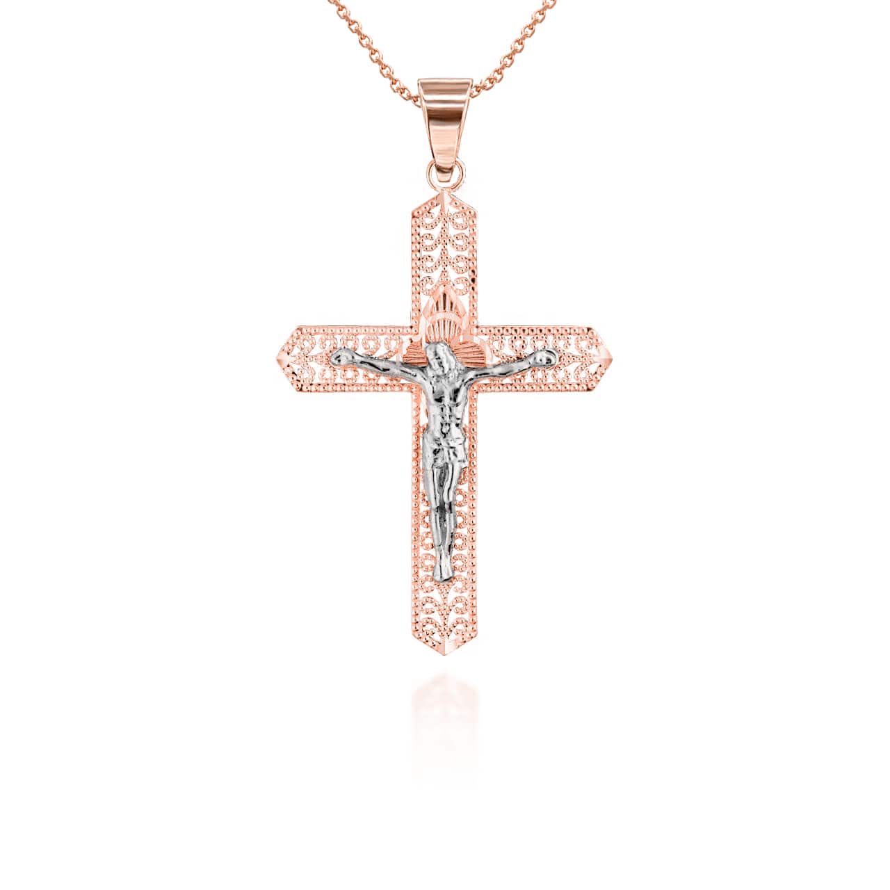 Two-Tone Filigree Crucifix Pendant Necklace, view 6