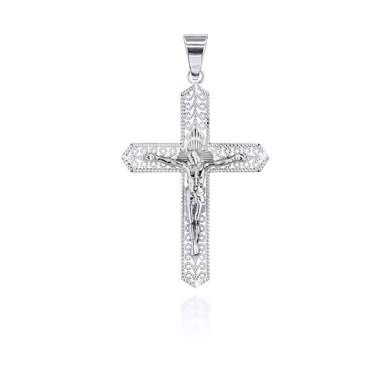 Two-Tone Filigree Crucifix Pendant Necklace, view 7