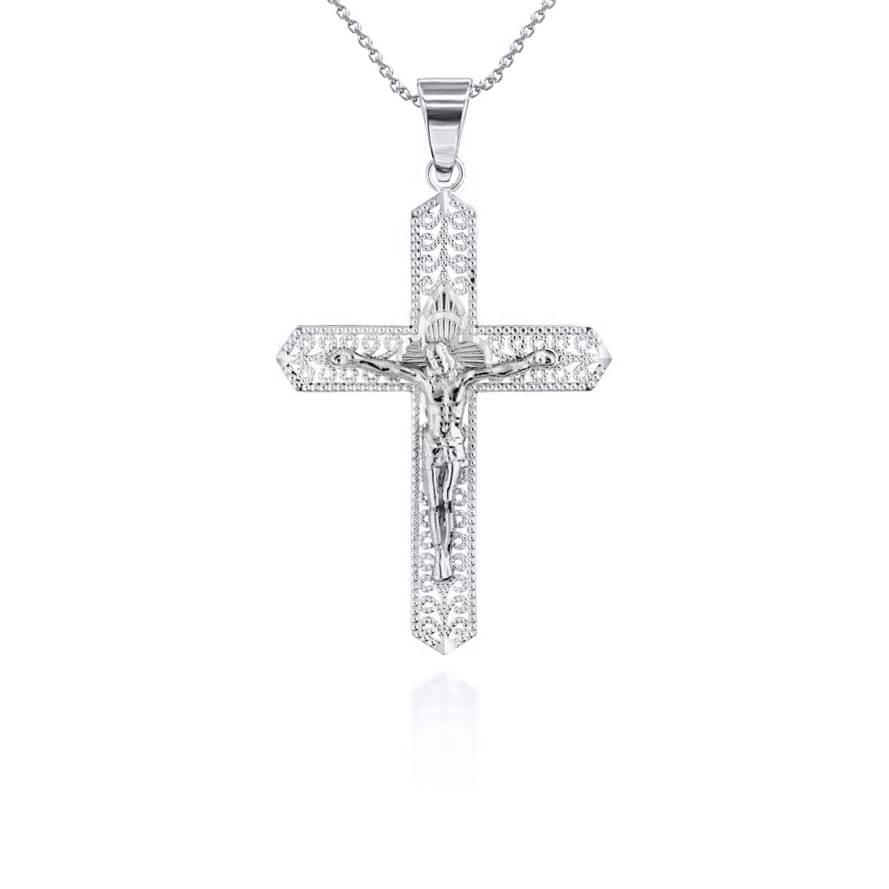 Two-Tone Filigree Crucifix Pendant Necklace, view 8