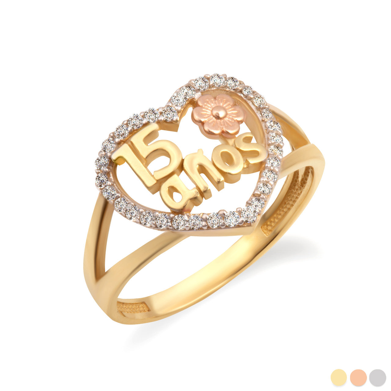 Two-Tone Gold 15 Años Cubic Zirconia Heart Flower Rose Quinceañera Ring