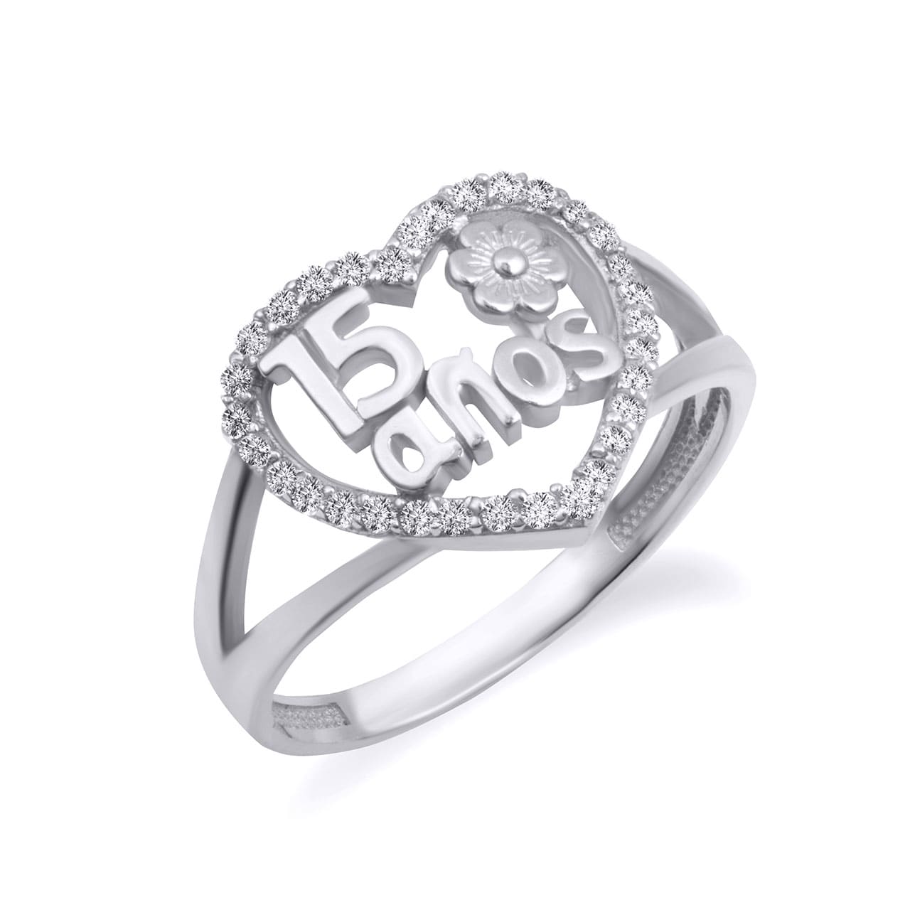 Two-Tone Gold 15 Años Cubic Zirconia Heart Flower Rose Quinceañera Ring, view 3
