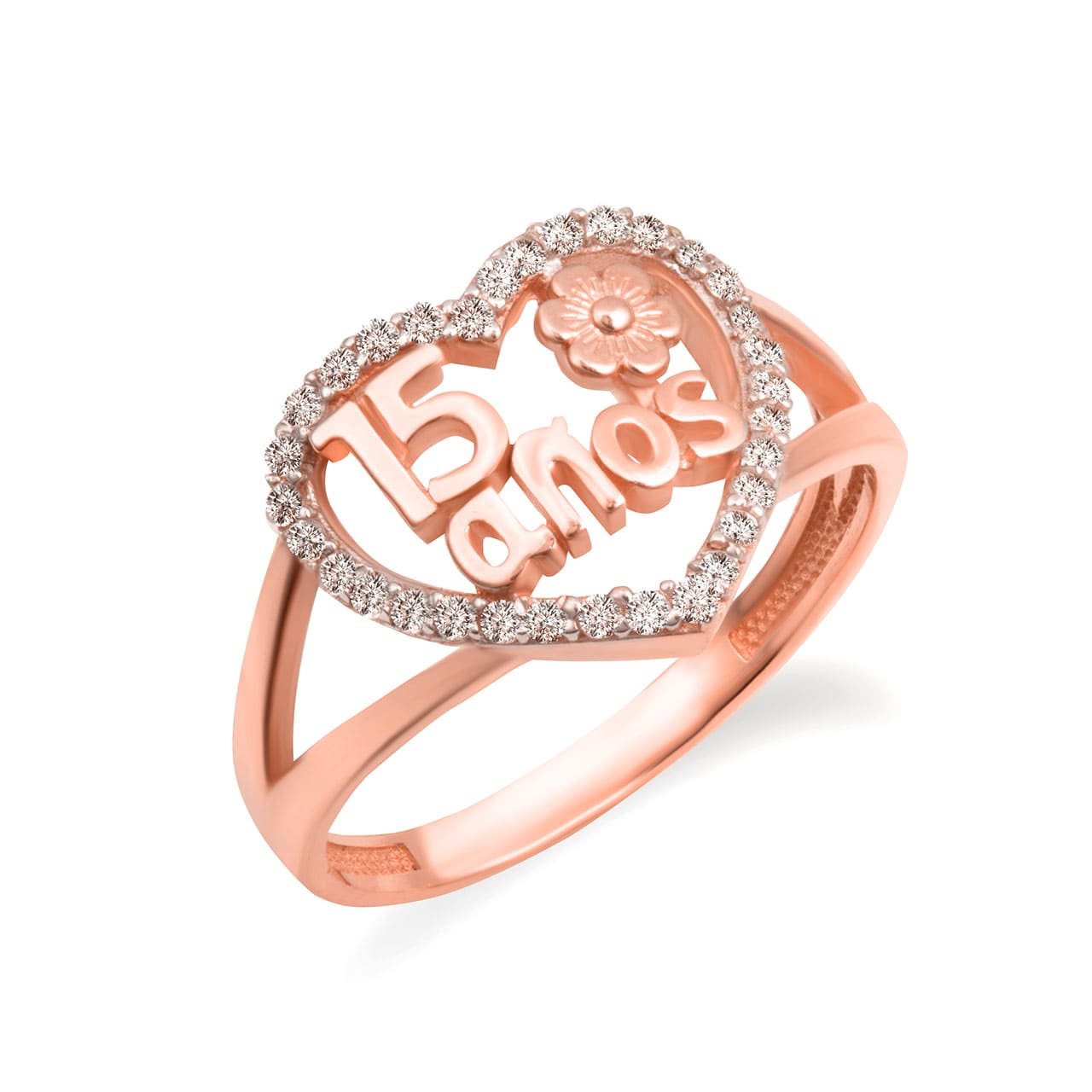 Two-Tone Gold 15 Años Cubic Zirconia Heart Flower Rose Quinceañera Ring, view 4