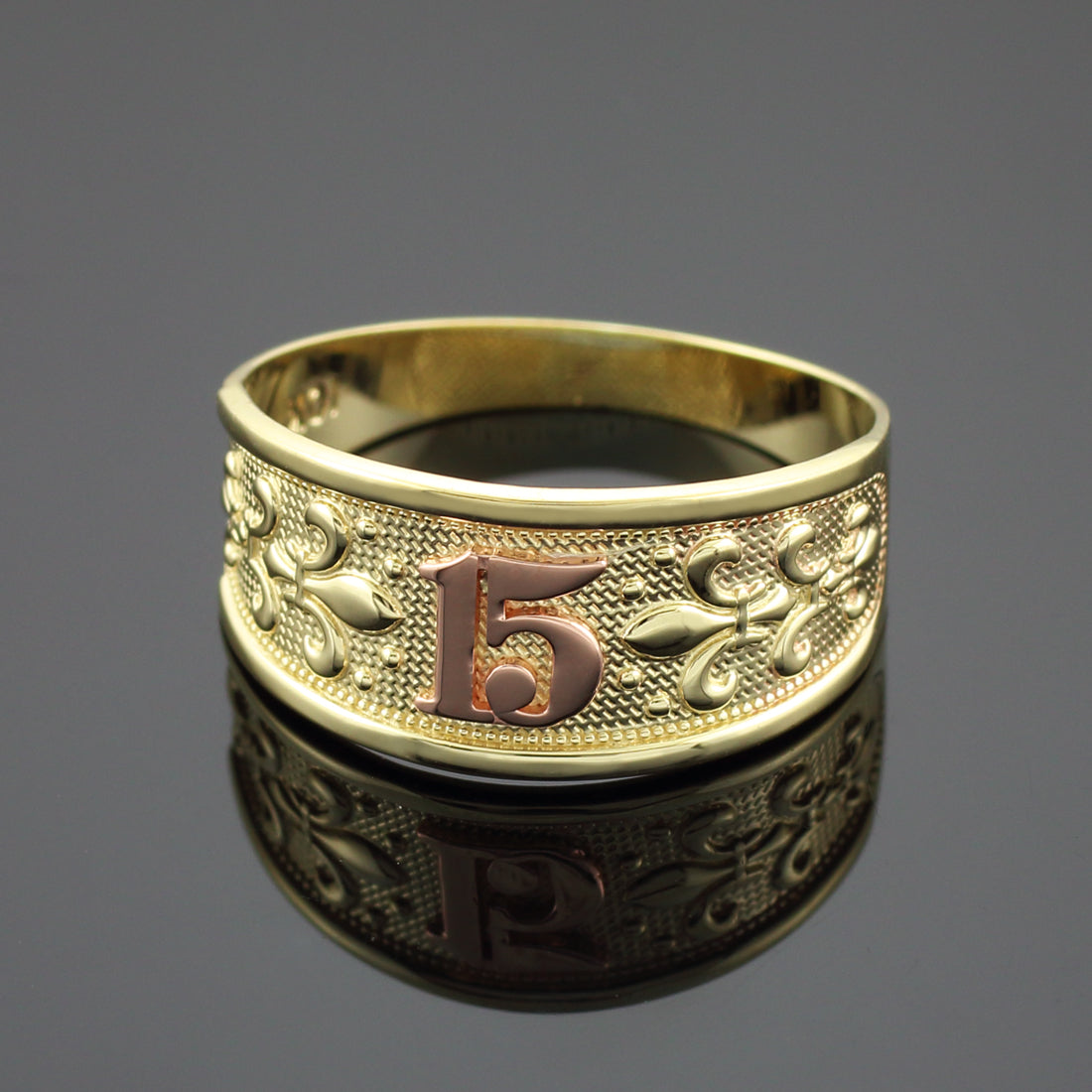 Two-Tone Gold 15 Años Fleur-de-lis Quinceañera Textured Band Ring, view 2