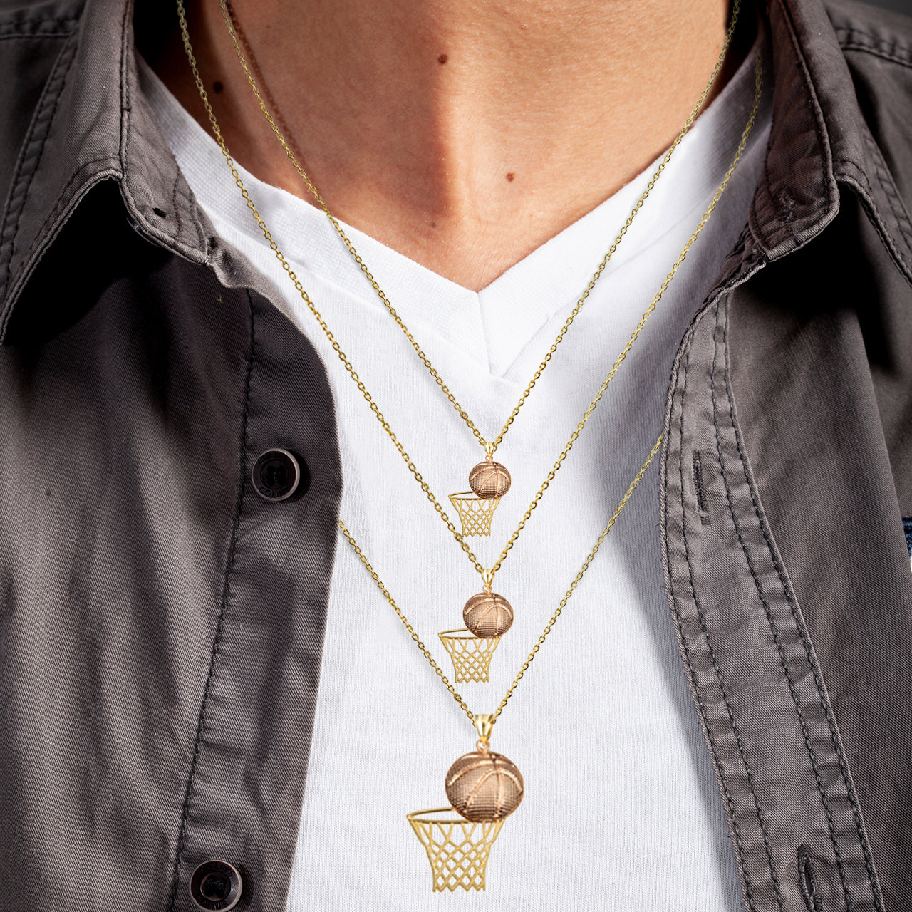 Two-Tone Gold Basketball Hoop Sports Beaded Pendant Necklace, view 2