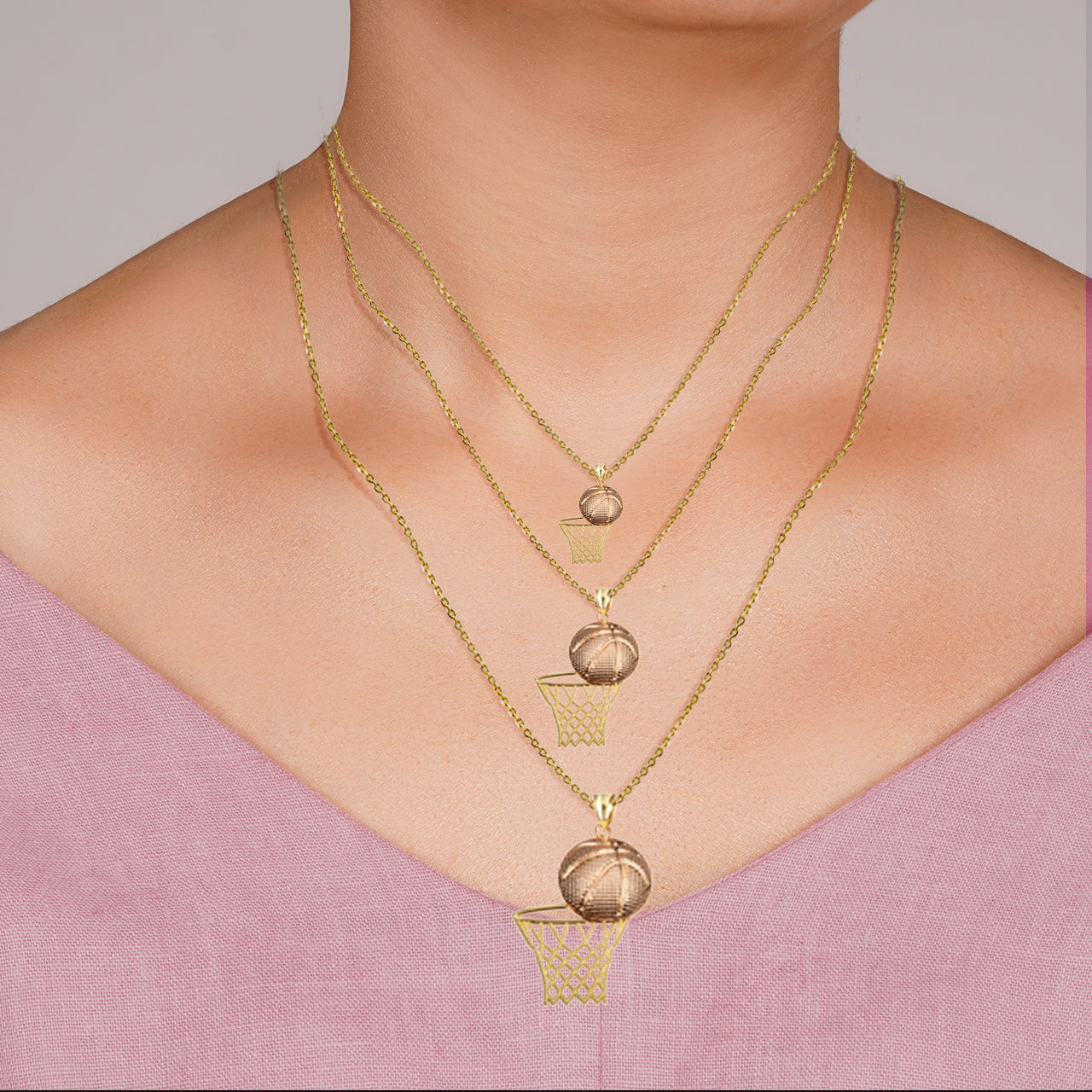 Two-Tone Gold Basketball Hoop Sports Beaded Pendant Necklace, view 3
