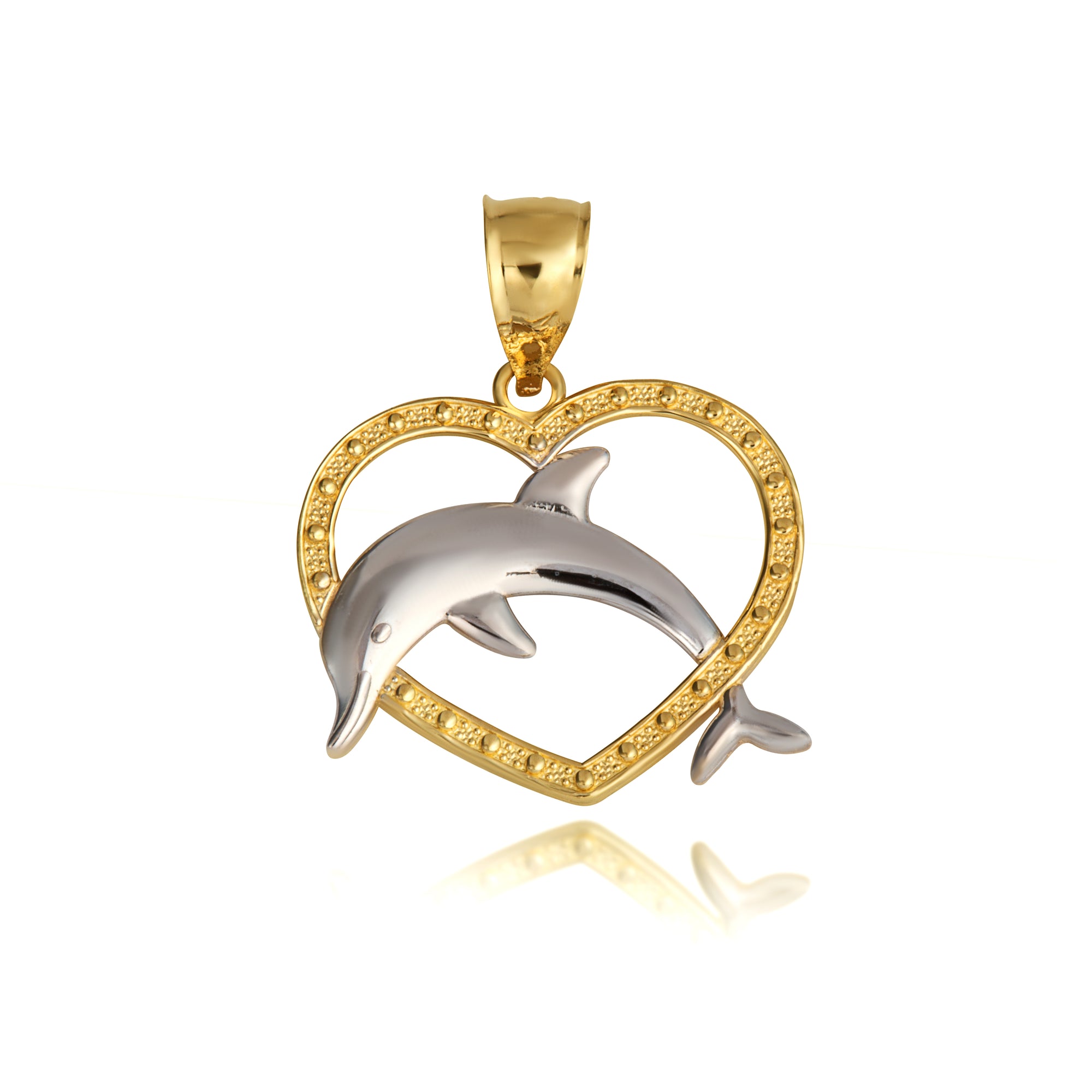 Two-Tone Gold Beaded Heart Dolphin Pendant Necklace