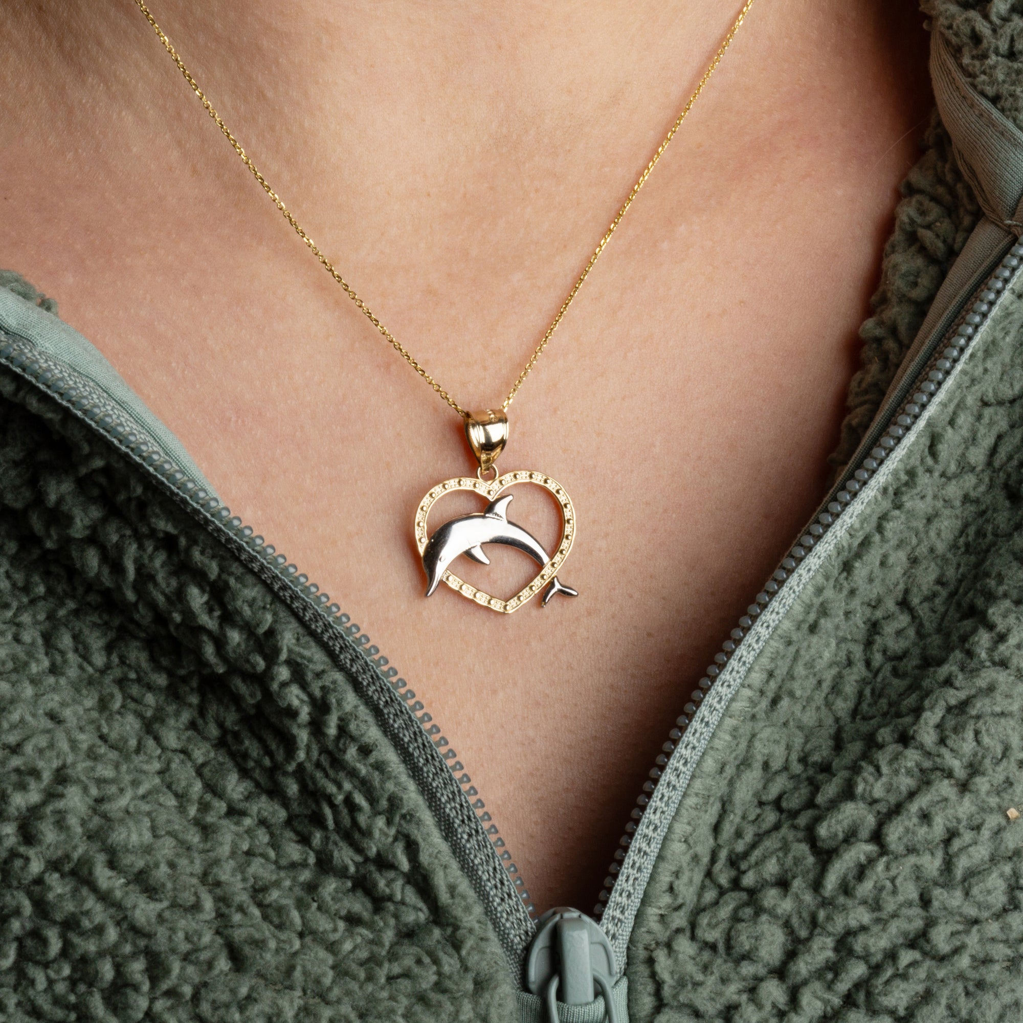 Two-Tone Gold Beaded Heart Dolphin Pendant Necklace, view 2