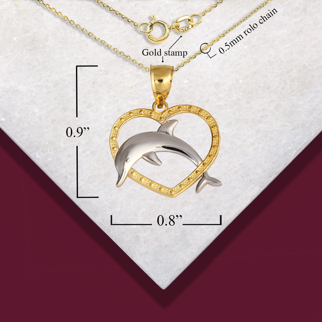 Two-Tone Gold Beaded Heart Dolphin Pendant Necklace, view 3