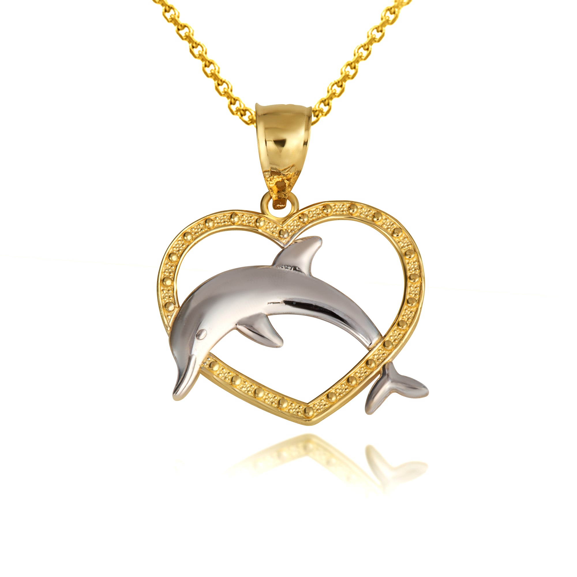 Two-Tone Gold Beaded Heart Dolphin Pendant Necklace, view 4