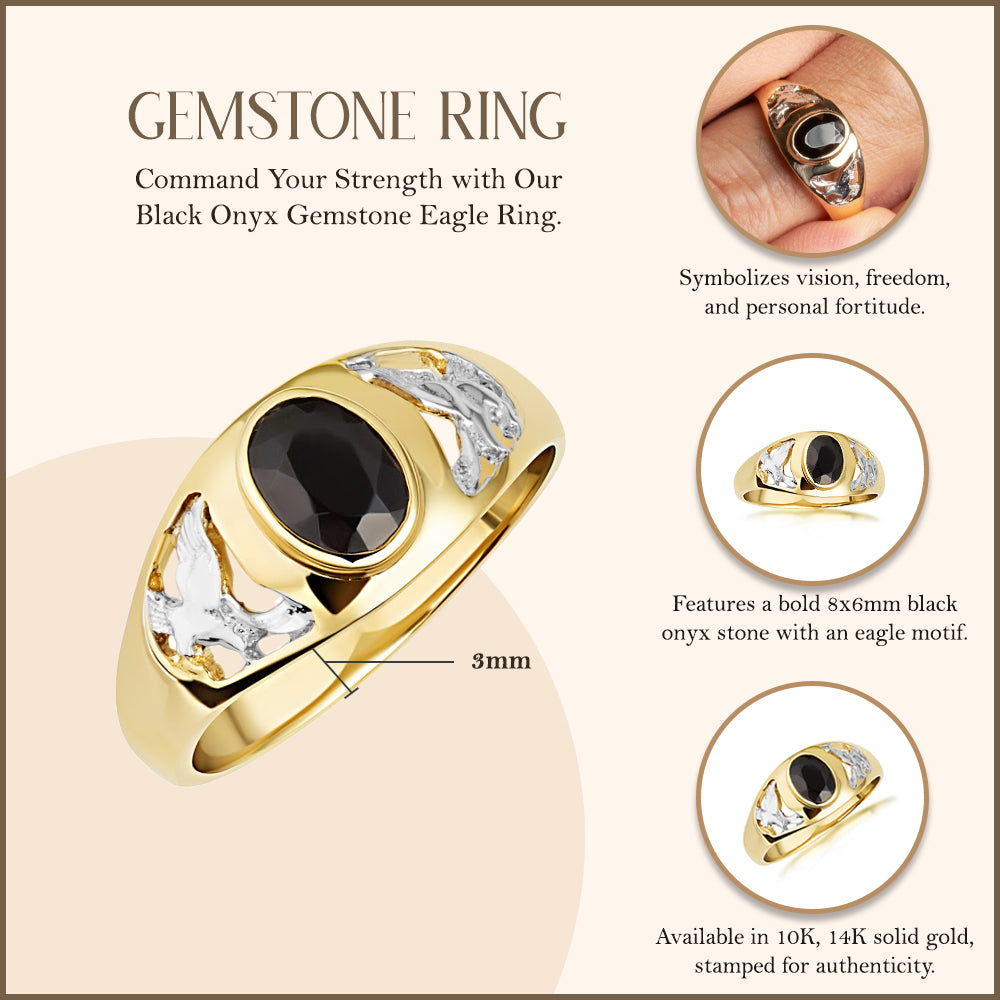 Two-Tone Gold Black Onyx Gemstone Eagle Ring, view 3