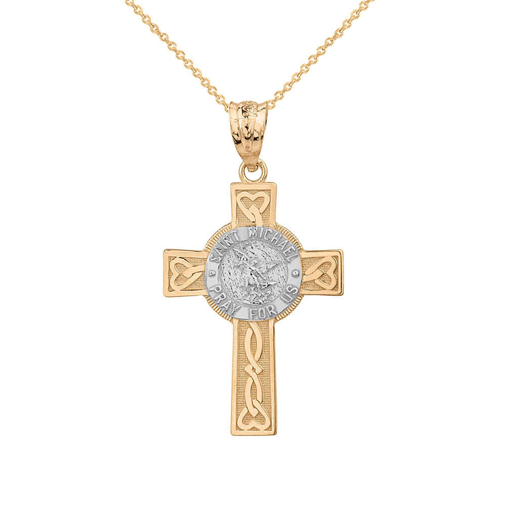 Two-Tone Gold Celtic Cross Patron Saint Michael Archangel Heart Love Knot Pendant Necklace, view 2