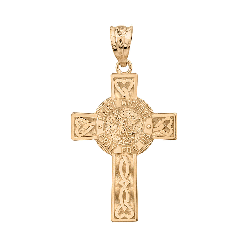 Two-Tone Gold Celtic Cross Patron Saint Michael Archangel Heart Love Knot Pendant Necklace, view 3