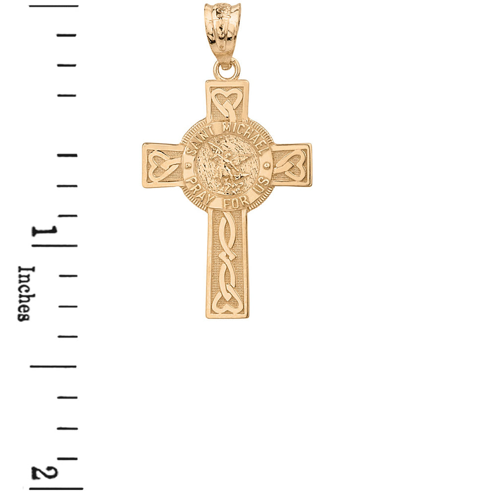 Two-Tone Gold Celtic Cross Patron Saint Michael Archangel Heart Love Knot Pendant Necklace, view 4