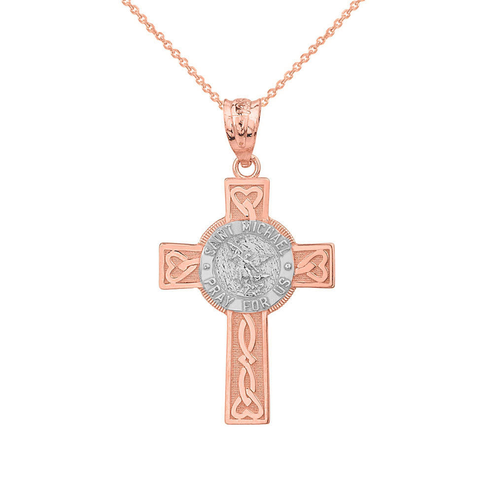 Two-Tone Gold Celtic Cross Patron Saint Michael Archangel Heart Love Knot Pendant Necklace, view 5