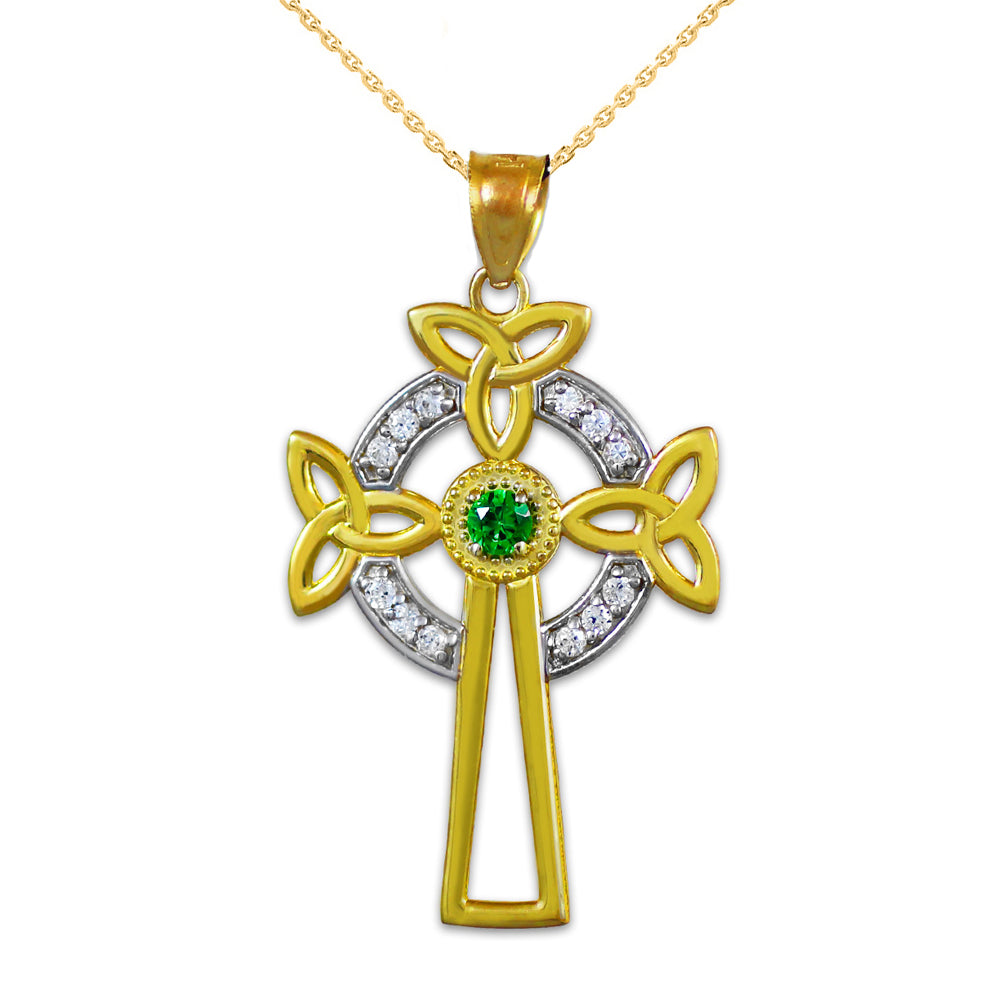 Two-Tone Gold Celtic Cross Trinity Knot Diamond Pendant Necklace with Emerald