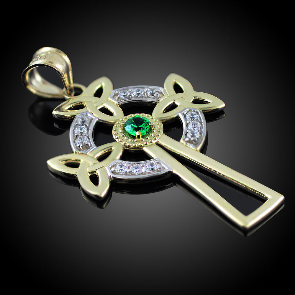 Two-Tone Gold Celtic Cross Trinity Knot Diamond Pendant Necklace with Emerald, view 2