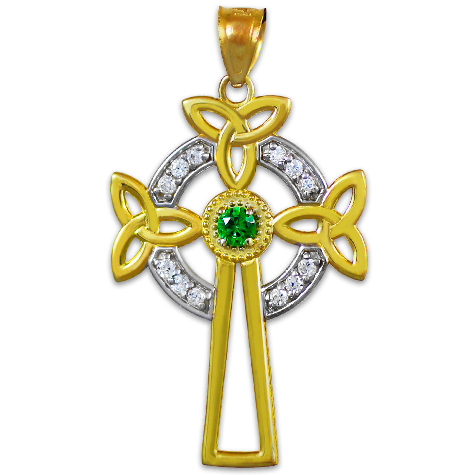 Two-Tone Gold Celtic Cross Trinity Knot Diamond Pendant Necklace with Emerald, view 3