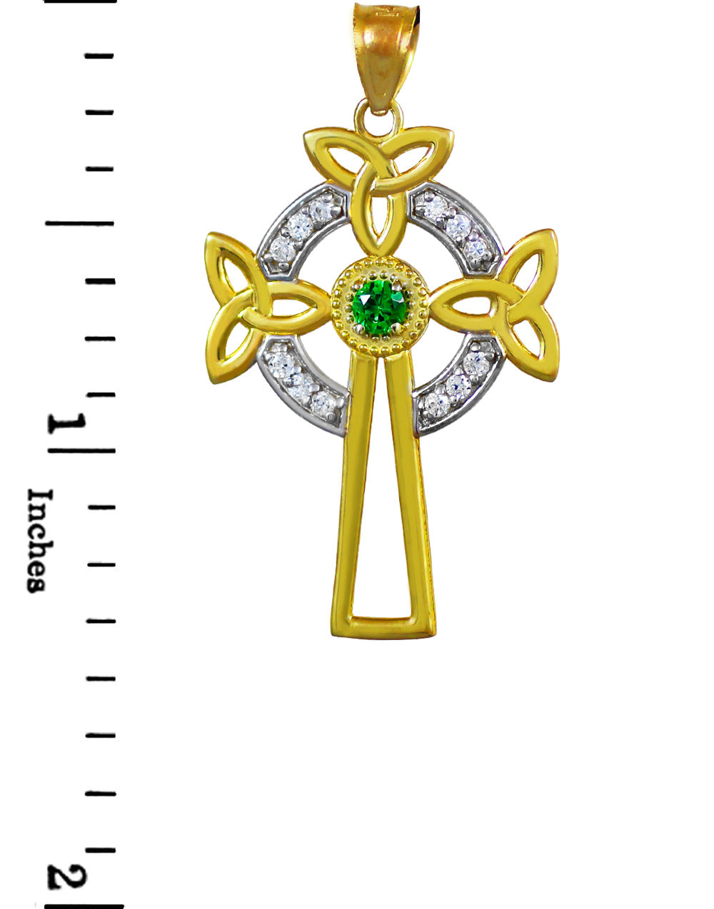 Two-Tone Gold Celtic Cross Trinity Knot Diamond Pendant Necklace with Emerald, view 4