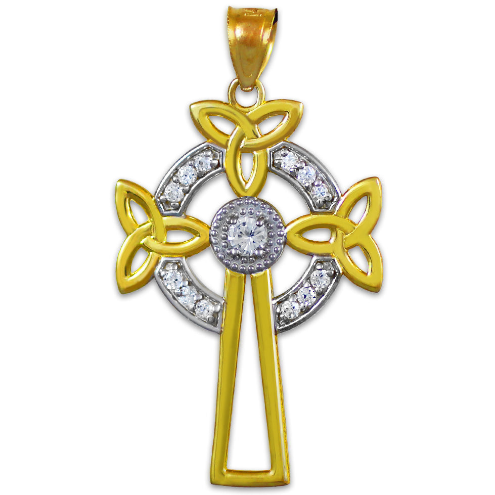 Two-Tone Gold Celtic Cross Trinity Knot Diamond Pendant Necklace, view 2