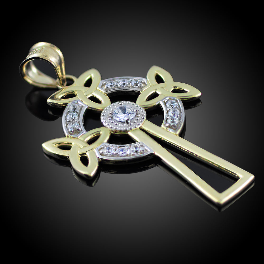 Two-Tone Gold Celtic Cross Trinity Knot Diamond Pendant Necklace, view 3