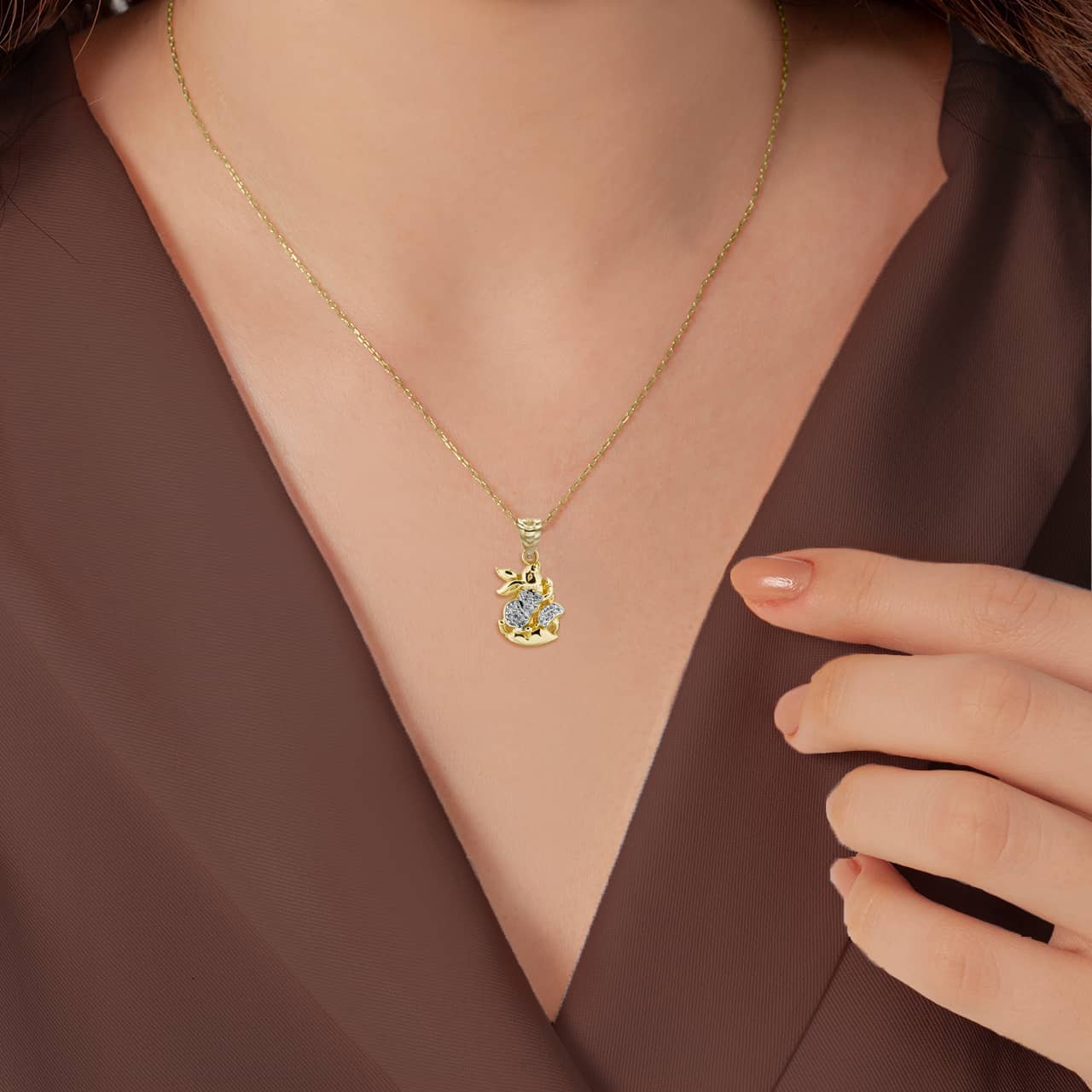 Two-Tone Gold Chinese Lunar New Year of the Rabbit with Diamonds Pendant Necklace, view 2