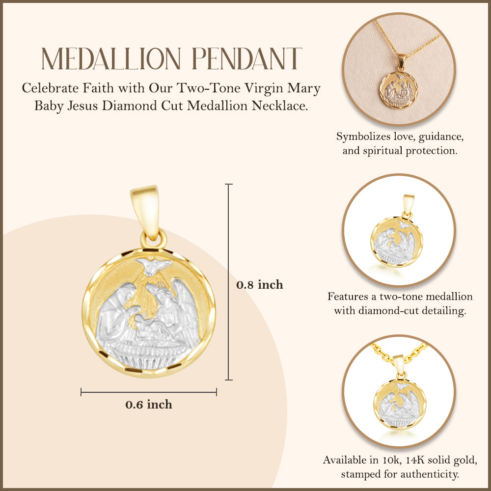 Two-Tone Gold Communion Nativity Diamond Cut Medallion Pendant Necklace, view 3