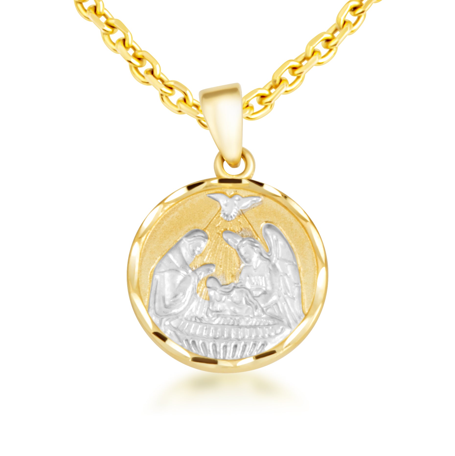Two-Tone Gold Communion Nativity Diamond Cut Medallion Pendant Necklace, view 4