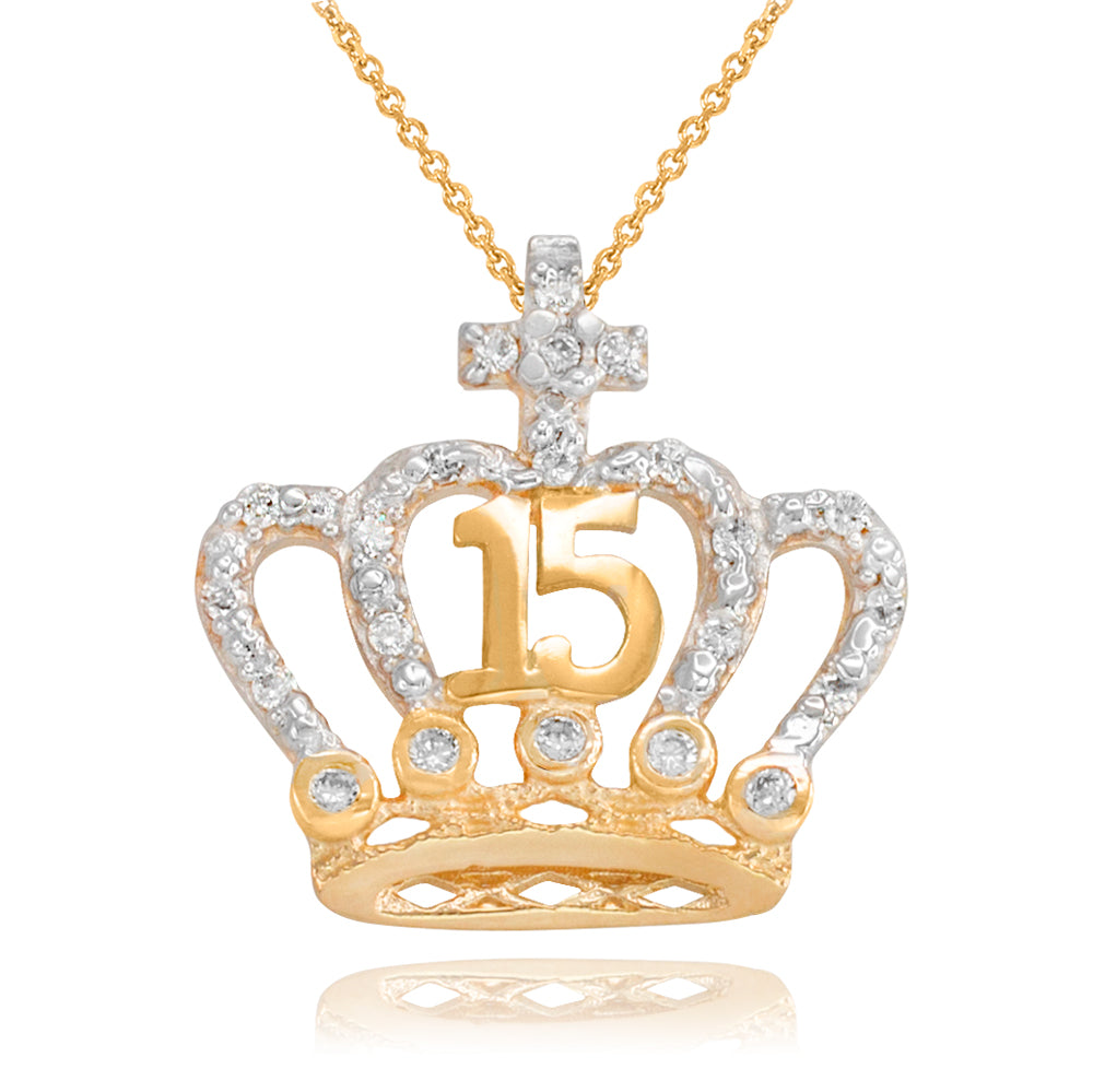 Two-Tone Gold Cubic Zirconia Crown 15 Años Cross Quinceañera Pendant Necklace